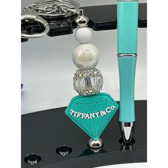 Tiffany Blue Beaded Pen & Keychain Set – Handmade Gift for Her - Picture 3 of 4